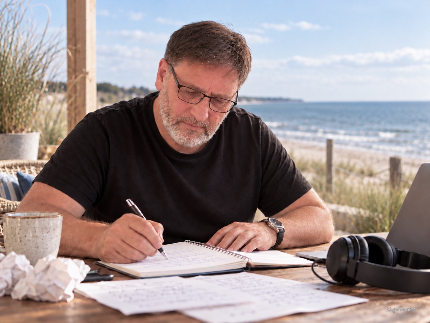 Darstellung von Thies Hensen beim konzentrierten Schreiben an der Ostsee